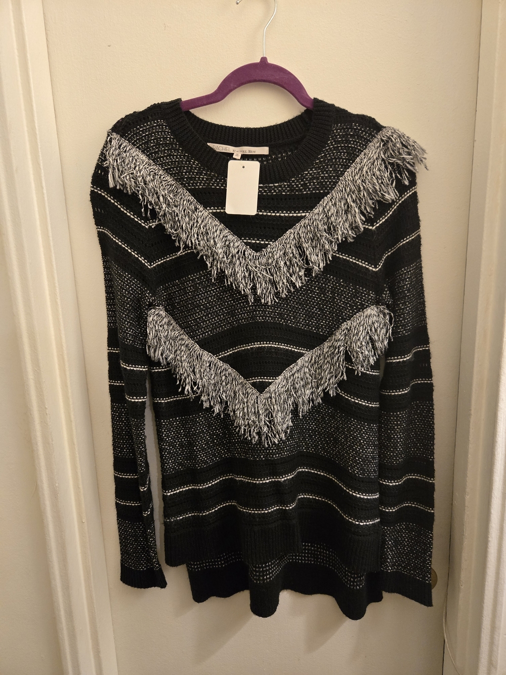 RACHEL Rachel Roy Black Knit Sweater with Silver Fringe Chevron